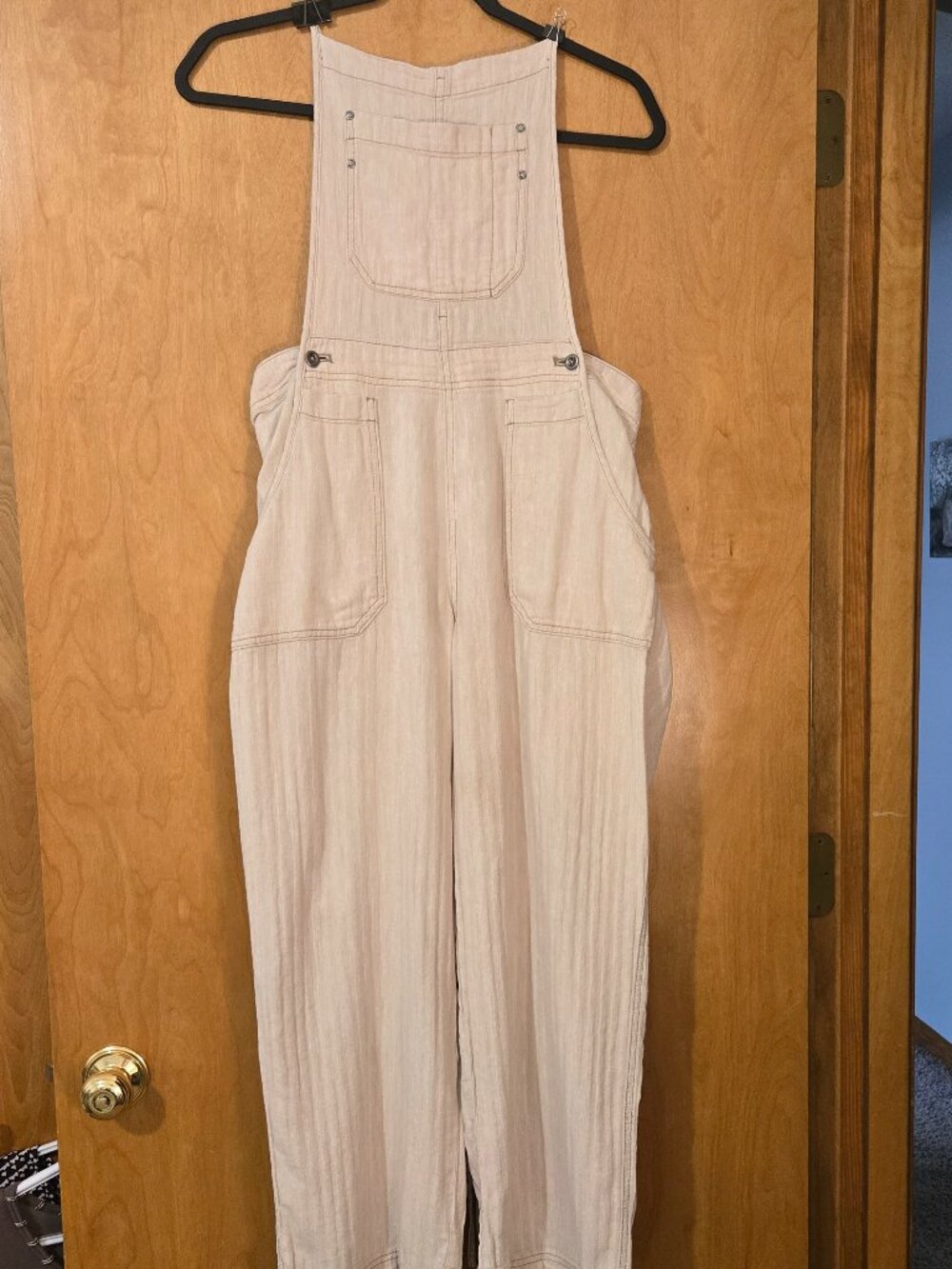 Free People Natural Sights Linen Cotton Blend Overalls XS Khaki Wide Leg Boho